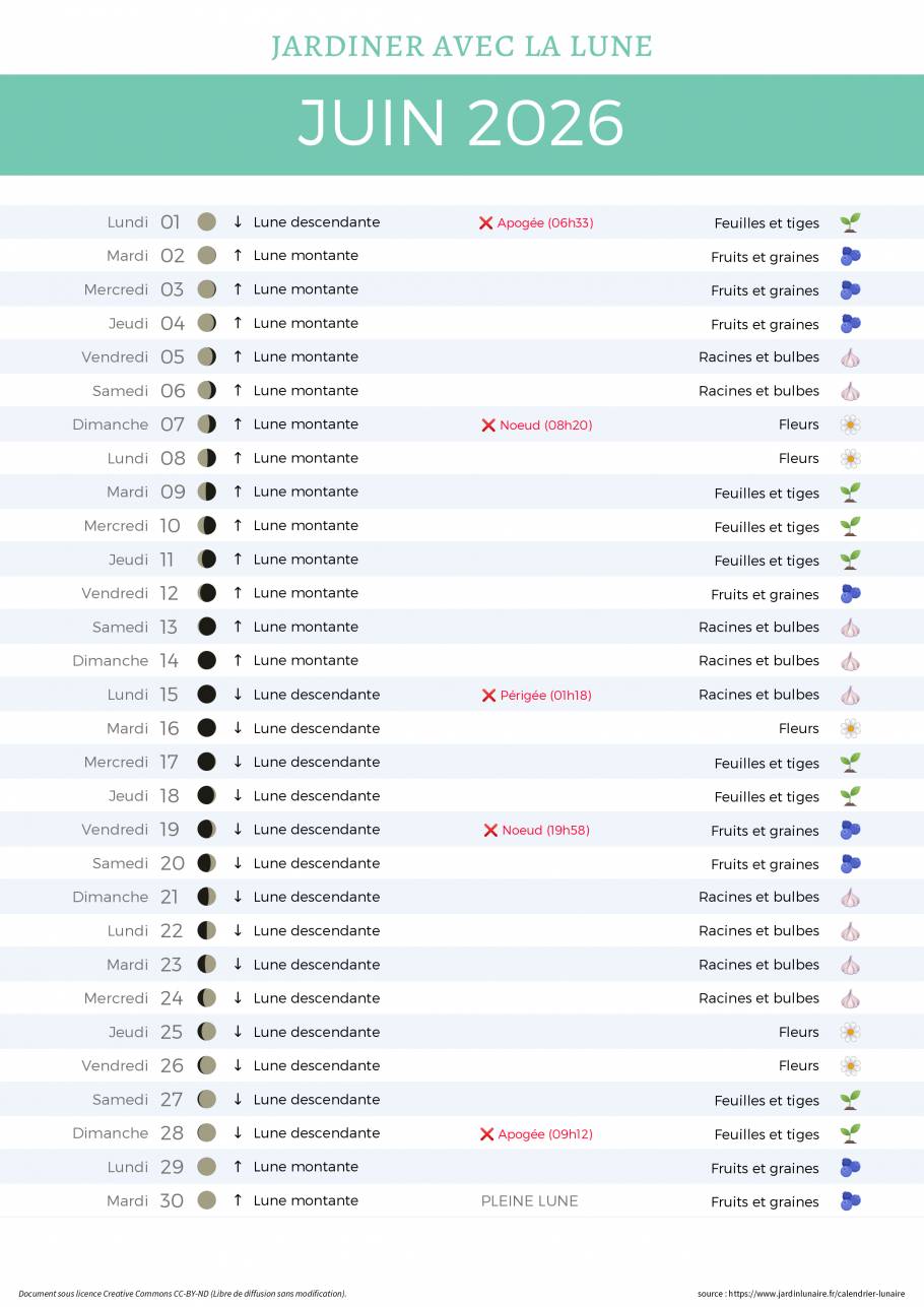Calendrier lunaire de juin 2026